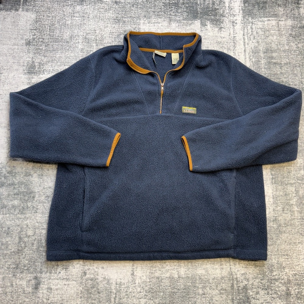 LL Bean Sweater Men 2XL Katahdin Fleece Pullover 1/4 Zip Navy Blue Sherpa Pocket